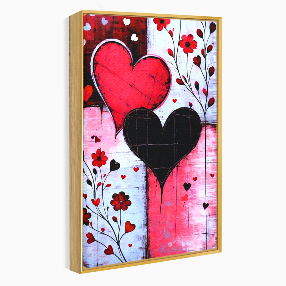 Tablou canvas cu tablou canvas cu inimi si flori, in rama de aluminiu auriu